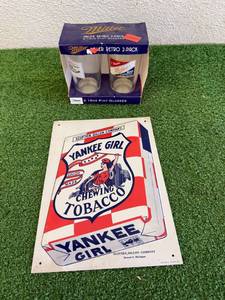 Metal Yankee Girl Sign & Miller 16 oz Glasses
