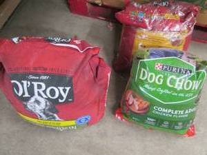 3 damaged bags of assorted dog food...
