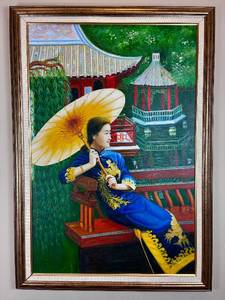Framed Oil Painting on Canvas- Chinese Women with Parasol