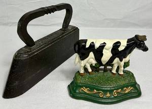 Cast Iron Wright Studios Cow Doorstop and Cast Iron Antique Sad Iron No 16