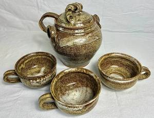 Handmade Studio Pottery Soup Tureen with Ladle and 3 Soup Mugs