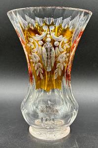 Vintage Bohemian Amber Cut to Clear Crystal Vase Etched Floral Vase