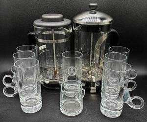 Coffee Collection - Two French Coffee Presses and Blown Glass Irish Coffee Mugs & Creamer