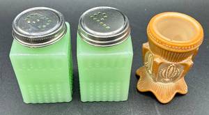 Vintage Tablecraft Jadeite Glass Salt & Pepper Set and Vintage Greentown Chocolate Slag Art Glass Cactus Toothpick Holder