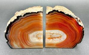 Pair of Brown Agate Geode Bookends with Quartz Centers and Polished Edges