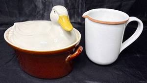 Vintage Hall Carbone Duck Soup Tureen and Depretis Linea Tre Stoneware Pitcher