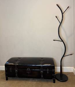 Vintage Style Dark Brown Ottoman Storage Entry Bench with Faux Leather and Buckles plus Metal & Wood Hall Coat Rack