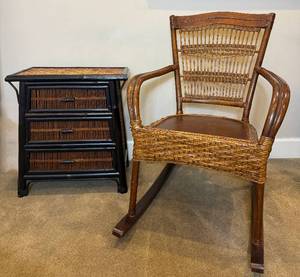 Bamboo and Wicker 3 Drawer Side Table  with Wicker Rocking Chair