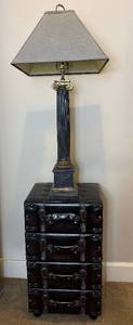 Vintage Style 4 Drawer Faux Leather Luggage Accent Table and Distressed Molded Plaster Tall Table Lamp