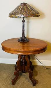 Antique Victorian Style Parlor Table and Tiffany Style Stained Glass Table Lamp