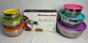 Kitchen Bundle of KitchenAid Stand Mixer Spiralizer Attachment and Stainless Steel 6 Mixing Bowls with Lids