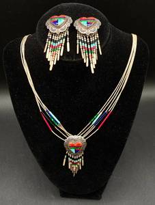 Southwest QT Sterling Silver 5 Strand Heart Inlay Necklace and Earring Set
