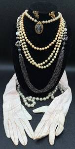 Vintage Jewelry Selection with Faux Pearl Necklaces, Cameos, Pins and Long Gloves