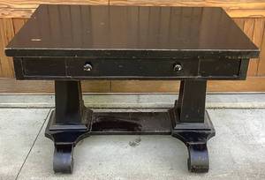 Vintage Black Wooden Library Table with Trestle Base Design