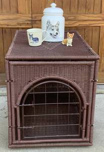 Brown Wicker Style Pet Crate Table with Corgi Treat Jar, Mug & Sculpture