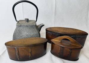 Thai Handcrafted Bamboo and Rattan Tobacco Boxes plus Japanese-Style Cast Iron Teapot