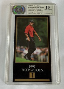 Tiger Woods RC Graded 10 Gem Mint 1997-99 Grand Slam Uncut Sheet Version Rookie Golf Card