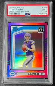 JJ McCarthy PSA 9 Mint Slab Donruss Optic Preview Pink Minnesota Vikings Rookie Football Card No. 303