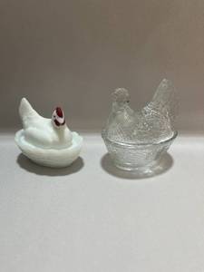 Two 3 12 Westmoreland Hen on Nest Clear and Milk Glass No chips or cracks