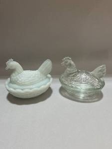 Two 3 12 Hen on Nest Milk Glass and Clear No chips or cracks
