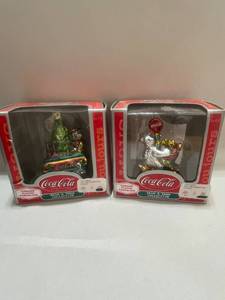 Two 1990s Chrome Plated Porcelain Coca Cola Ornaments Polar Bear and Snow Man