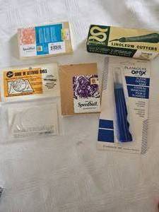 Speedball Linoleum Cutter, Plaskolite plastic cutter, several new linoleum blocks.