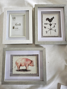 Three frames that are deep-set. Two with�outside�dimension of 8 x 10 one is 6 x 8. White-wash  weathered wood look.