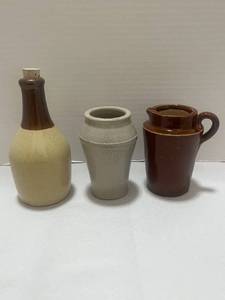 3 Vintage Mini Crocks Salt Glaze Preserve Jar, Brown Creamer and Two Tone