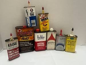 Vintage Metal Oil Cans w Advertising Zippo, Liquid Wrench, Panef and More