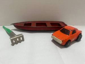 3 Vintage Metal Toys Red Pressed Steel Boat, Rake and Tonka Pace Sports Car