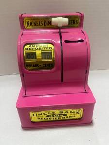Vintage Working Pink Uncle Sams 2 Coin Register Metal Bank Made in Japan
