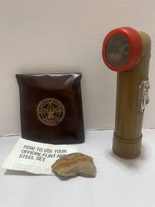 Vintage Boy Scouts Olive Green Angle Flashlight WORKS. And BSA Flint and Steel Set