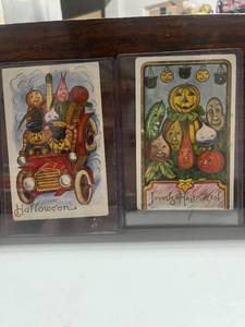 Two 1910s Halloween Post Cards Anthropomorphic Vegetables and Fruit