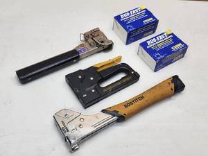 (2) Hammer Staplers and Staple Gun with Staples