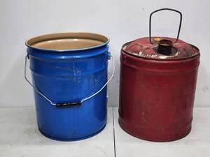 Vintage Metal Gas Can and Blue Bucket