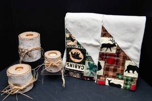 Cabin Themed Set  Birch Tea Light Candle Holders & Cotton Dish Towels