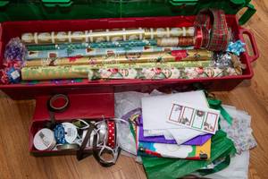 Christmas Wrapping Paper, Ribbon and Storage Container