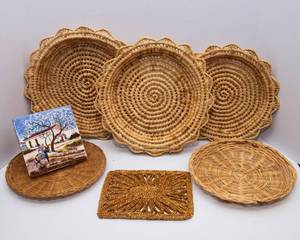 Assorted Woven Trivets & Hand-Painted Portugal Ceramic Trivet Lot