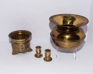 Assorted Brass Decor Lot  2 Planters & 2 Candlestick Holders