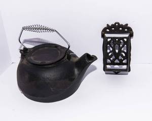Vintage Cast Iron Kettle & Match Holder Set  Rustic Hearth Decor