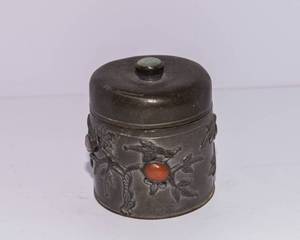Antique Chinese Lidded Container  Likely Pewter with Stone Inlay