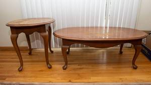 Matching Wood Coffee Table & Oval Side Table Set  Needs Refinishing