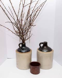 Vintage Stoneware Lot  2 Two-Tone Jugs & Crock