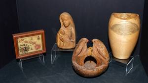 Assorted Wooden Decor Lot  Kauai Clock, Carved Religious Figure & More