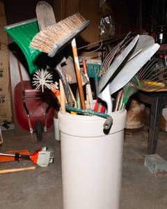 Assorted Yard & Garage Tool Lot  Shovels, Broom, Ratchet Straps & More