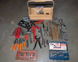 Assorted Hand Tools & Wooden Carrying Crate Lot
