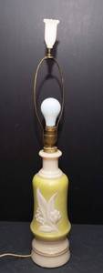 1930s Aladdin Alicite Lamp  Chartreuse & Ivory Lily with Scroll Finial (29.5 Tall)