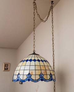 Vintage Blue & Cream Tiffany Plug-In Swag Light