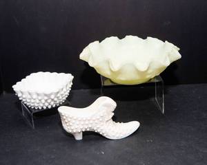 Fenton Satin Custard Glass Bowl  Hobnail Glass Shoe & Dish Lot