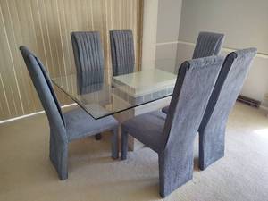 Beveled Glass Top Table and Six Paintable Fabric Chairs